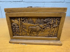 Wooden Desk Box Set Carved Moose Relief