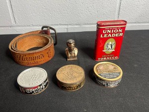 Tobacco Advertising Collectibles Mixed Lot - Union Leader, Copenhagen, Hamms Belt & Lincoln Bust