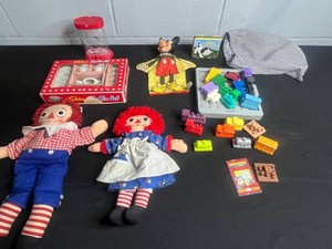 Vintage Toy Lot - Raggedy Ann & Andy, Mickey Puppet, Tea Set, Game & Tin Mixed Lot