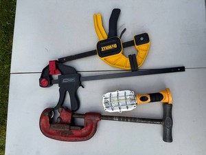 Hand Tools Mixed Lot - DeWalt Handy Brite Work Light, Tool Shop Clamps & Ridgid Pipe Wrench