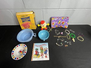 Vintage Toy & Jewelry Mixed Lot Train-A-Tot, Three Little Kittens Book