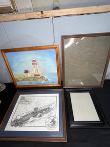 Framed Art Lot - USS Boise Print & Lighthouse Painting w Addl Frames