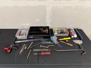 Hand Tools Mixed Lot - Wrenches, Files, Hammers, Clamps & Sealants - content quantities unverified