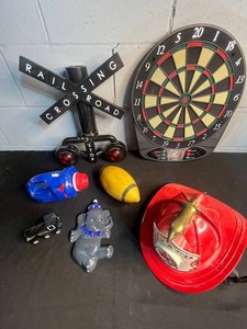 Vintage Collectible Toy & Decor Mixed Lot Rail Sign Dartboard Texaco Helmet