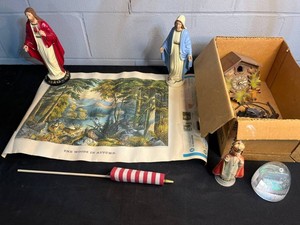 Religious Figurines Mixed Lot Jesus, Mary, Prayer Print, Flag, Globe