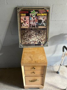 Wooden Nightstand 3-Drawer Cabinet & Framed 1991 Twins Champs Poster