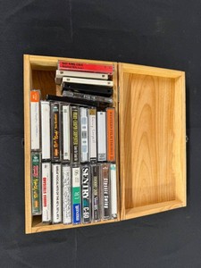 Cassette Tape Lot - Mixed Music, Comedy & Blank Tapes in Wooden Box - contents unverified