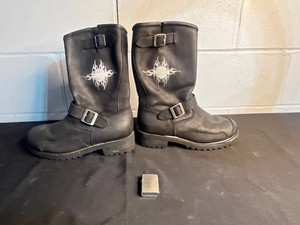 Motorcycle Boots - Harley-Davidson Black Leather Harness Boots (no sz see measurements) & VTG Silver Tone Flip Top Metal Lighter