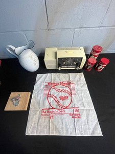 Vintage Collectibles Mixed Lot GE Alarm Clock Radio, Homer Hanky, Calumet Tins