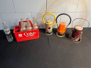 Vintage Soda Bottles & Railroad Lanterns Mixed Lot Coca-Cola Orange Crush