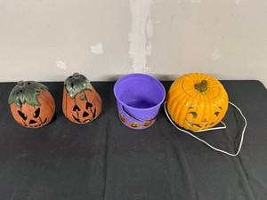 Halloween Pumpkin Decorations Mixed Lot - 2 Jack-O-Lanterns, Light & Bucket