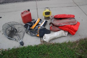 Life jackets, Gas can, Fish net, an...