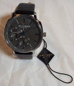 NEW Akribos XXIV AK1022 Black Leather Multifunction Watch w Box  Retails $365