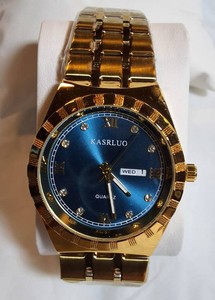 NEW KASRLUO Luxury Gold-Tone Stainless Steel Quartz Watch w Blue Sunburst Dial  Presentation Box  Retails $299