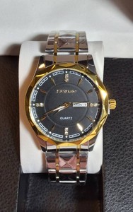NEW KASRLUC Two-Tone Quartz Dress Watch  Black Dial  DayDate  Presentation Box & Bonus Mesh Band