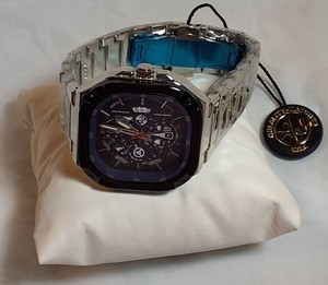 NEW AJ Quality Watches Square Skeleton Dial Stainless Steel Mens Watch  Silver & Black  Box & Tag