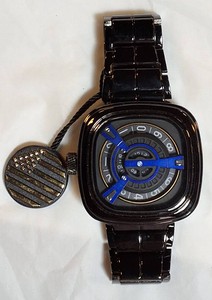 NEW AJ Quality Watches Black Square Dial Mens Watch  Blue Accents  Stainless Steel Band  Box & Tag