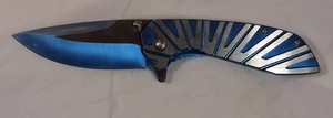 Falcon Spring Assisted Pocket Knife  Blue Titanium-Look Blade & Aluminum Handle  440 Stainless