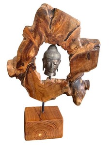 DN - Buddha Head Wood Sculpture 21 in Tall