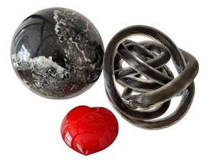 DN-Contemporary Decor Sculpture Trio Marble Sphere, Art Glass Knot & Heart Paperweight