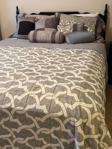 LL - Queen Bed Frame Black Painted Wooden Headboard With Bedding Ensemble