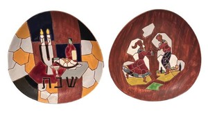 LLBR - Vintage Hand-Painted Ceramic Plates Keramos Israel Jewish Mosaics (Set of 2)
