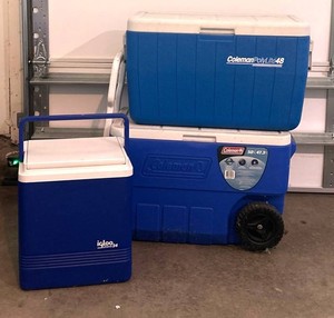 G - Cooler Lot - Coleman PolyLite 48, Coleman 50 Qt Wheeled & Igloo Legend 24