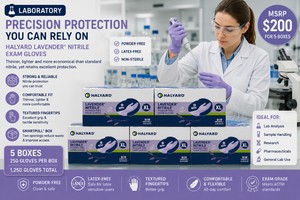 MSRP $200 HALYARD LAVENDER NITRILE EXAM GLOVES XL, 5 BOXES X 250 (1,250 TOTAL), HEALTHCARE PROFESSIONAL PREFERRED, SUPERIOR COMFORT, EXCELLENT TACTILE SENSITIVITY, REDUCES HAND FATIGUE, LATEXPOWDER-FREE, MEDICAL, DENTAL, VET, LAB, EMS & SALON USE