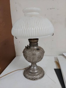 Antique Electrified Oil Lamp Milk Glass Shade Missing Cap