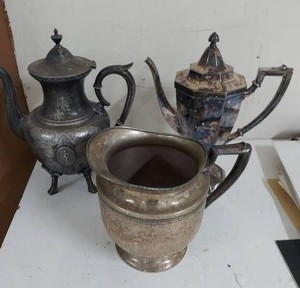 3 Antique Silver Plate Coffee Pots & Water Pitcher