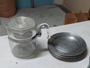 6 STEDE Pewter Plates & Pyrex Colonial Revival Glass Tea Strainer