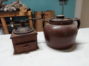 Antique Coffee Grinder & Brown Stoneware Crock Jar