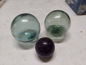 2 Japanese Aqua Glass Floats & Cobalt Lightning Rod Ball