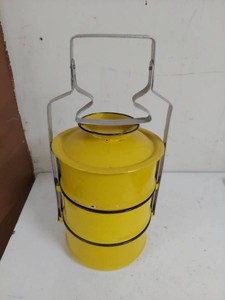 Vintage Yellow Enamel Tiffin Lunch Carrier 3 Tier Metal Handle