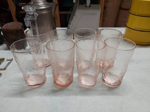 Lot Including 8 Pink Textured Glass Tumblers Drinking Glasses