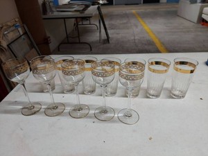 Lot 12 Glasses - 5 Bohemian Crystal Stems and 7 Tumblers Gold