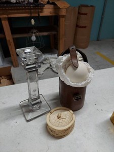 Wheel Cut Engraving on Single Candlestick and a Leather Case with a Goose Egg in it