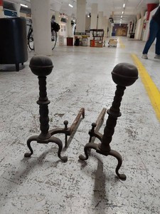 Lot Including Pair Antique English Fireplace Andirons Iron Hearth