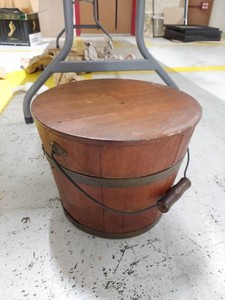 Vintage Wooden Firkin Style Bucket With Lid Metal Bands Handle