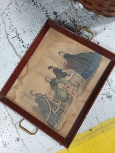 Vintage Wood Serving Tray Victorian Fashion Print Brass Handles