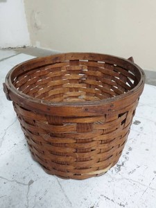 Vintage Woven Wood Basket With Swing Handle Round Gathering Style