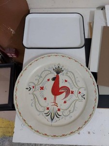 Lot Including Marcelline Rooster Round Tray & Enamel Pan