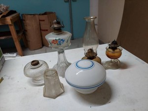 Lot Including 6 Antique Vintage Oil Lamps Shades Burner Parts Glass