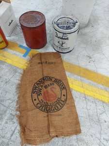 Lot Including Durkees Tin, Swan Coffee Sack & Red Metal Pail