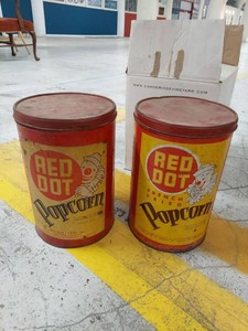 Lot Including 2 Vintage Red Dot Popcorn Tins Clown Graphics