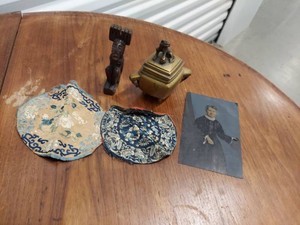 Lot Including Brass Censer Carved Figure Textiles Portrait Photo