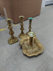 Lot Including Antique English Brass Candlesticks & Chamberstick 4pc