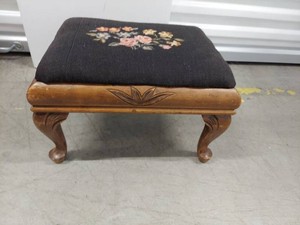 Vintage Carved Wood Footstool Floral Needlepoint Upholstered Top