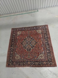 Unmarked Heriz Style Oriental Area Rug Rust Navy Medallion Design