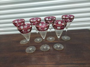 Lot Including 6 Cranberry Flash Floral Etched Cordial Wine Glasses